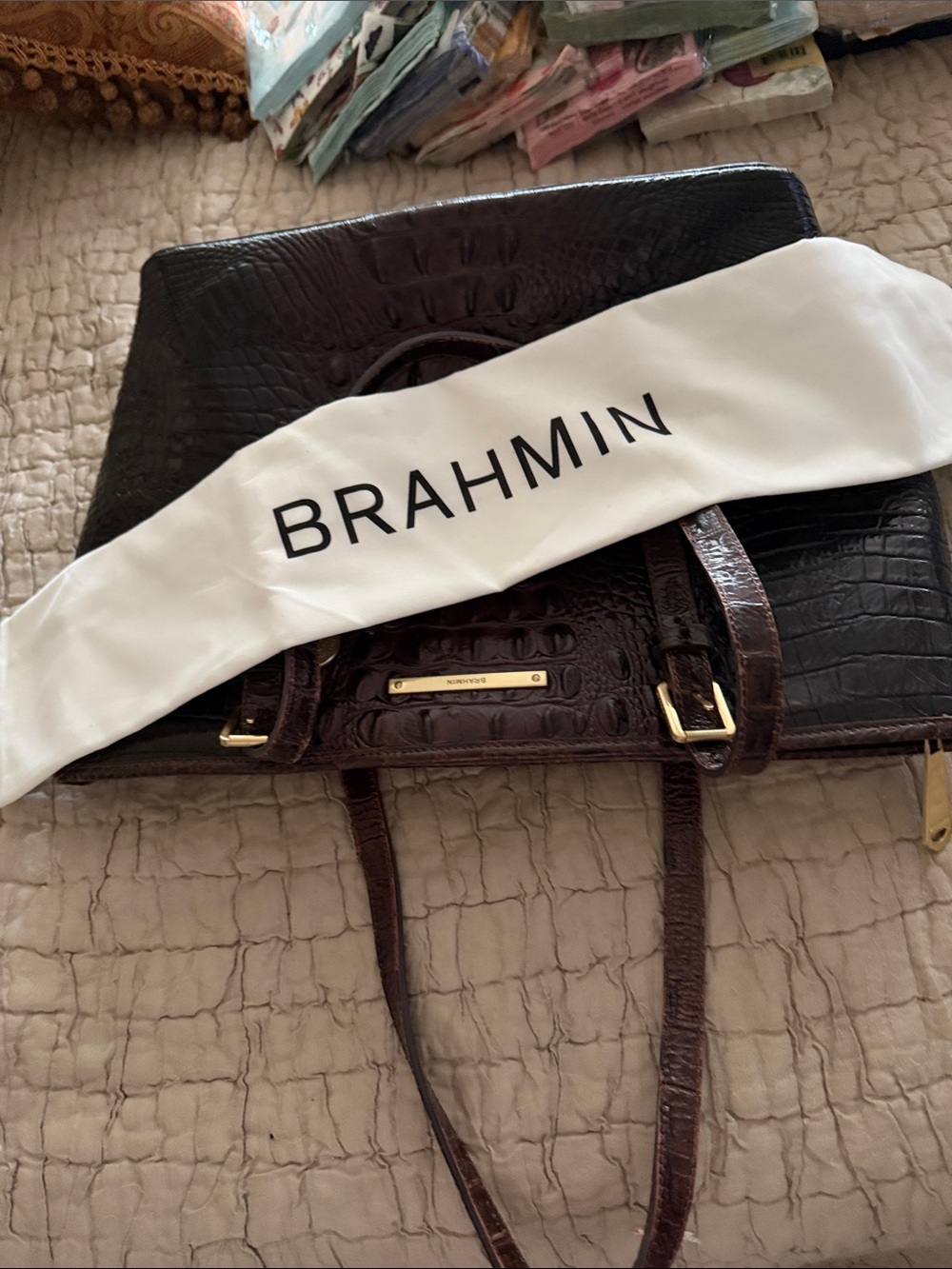Brahmin Dark Brown and blackCroc-Embossed Leather Messenger Bag gold hardware - Picture 14 of 17